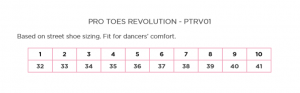 pro toes revolution sizing chart