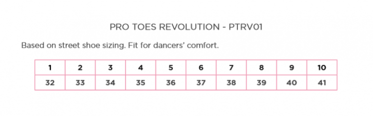 pro toes revolution sizing chart