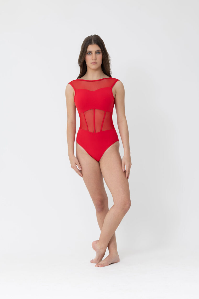 nina corset mesh leotard red