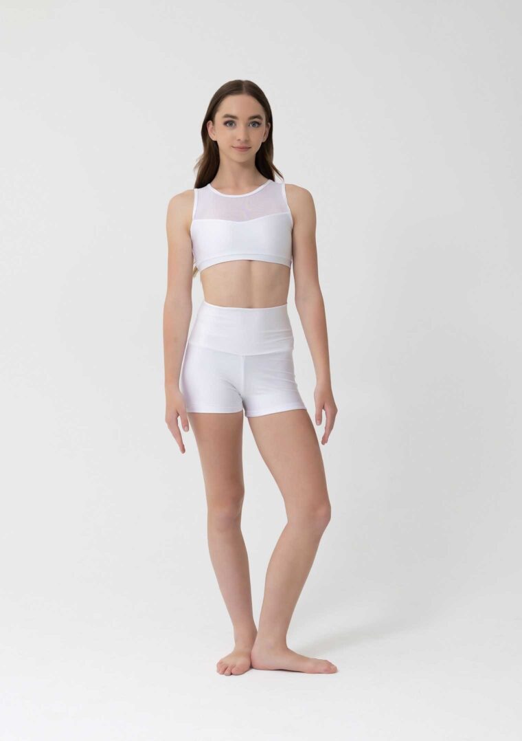 mesh crop high waisted shorts white