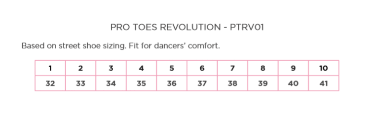 pro toes revolution sizing chart